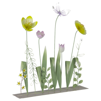 Gruppo di fiori assortiti in metallo su base, varie misure