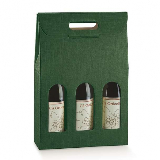 Scatola porta bottiglie in cartone verde scuro con finestra frontale e maniglia superiore