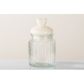 Vasetto in vetro rigato con tappo bianco decoro cuore, altezza 13.5 cm, confezione da 6 pezzi