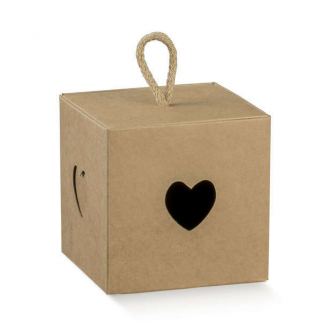 Scatola "cubetto" in cartoncino con sagoma cuore con cordino, formato 5x5x5cm, confezione da 10 pezzi