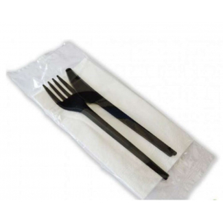 Bis posate nere CPLA biodegradabili monoimbustate con forchetta, coltello e tovagliolo 33x33 2veli bianco, cartone da 200 pezzi