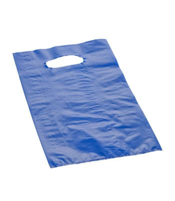 Shopper in plastica HDPE blu con maniglia fustellata a fagiolo, confezione da 5 kg.