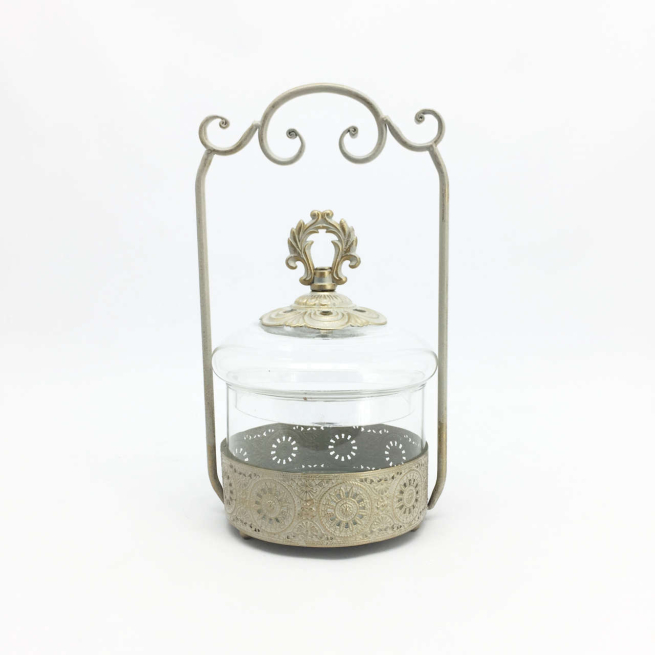 Portaconfetti in vetro e metallo oro grigio con manico, altezza 31 cm