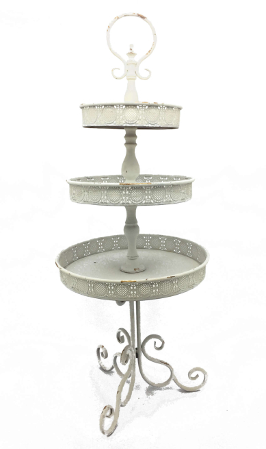 Espositore a 3 piani in metallo bianco e oro antico, altezza 139 cm