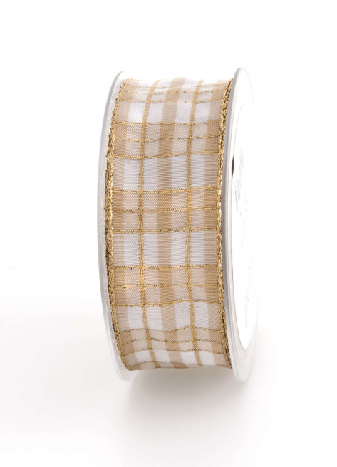 Rotolo nastro tessuto scozzese beige oro e bianco, altezza 40 mm, lunghezza 20 mt