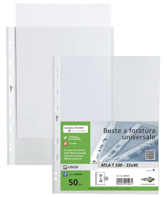 Busta Atla 100 con perforazione universale, formato A4 22x30, liscia medio spessore, confezione da 50 pezzi