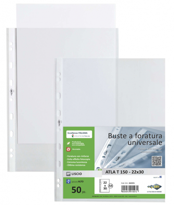 Busta Atla T 150 con perforazione universale, formato A4 22x30, liscia alto spessore, confezione da 50 pezzi