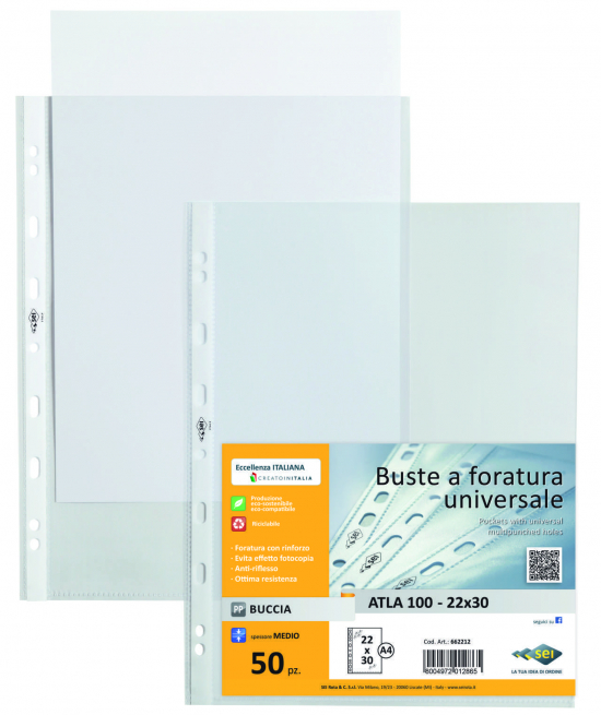 Busta Atla 100 con perforazione universale, formato A4 22x30, goffrata medio spessore, confezione da 50 pezzi