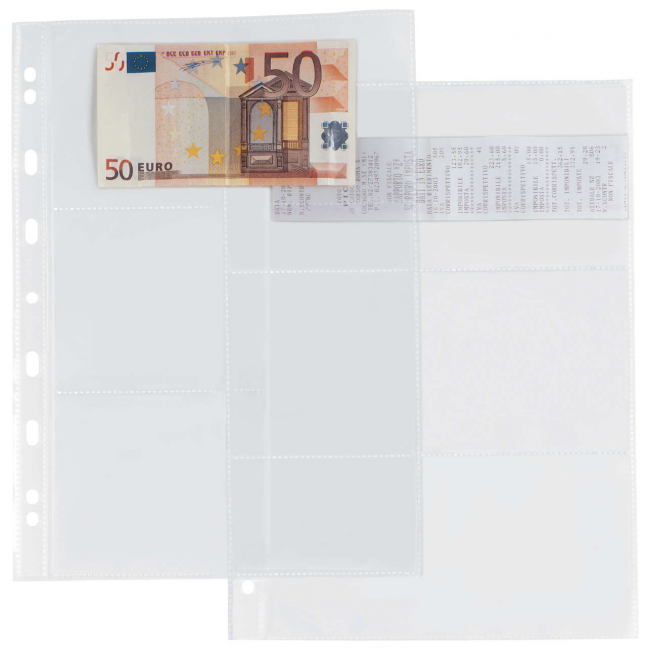 Busta con perforazione universale, formato A4, con 6 tasche porta banconote o scontrini, confezione da 10 pezzi