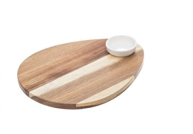 Tagliere in legno sagomato con ciotola porta salse in melamina bianca