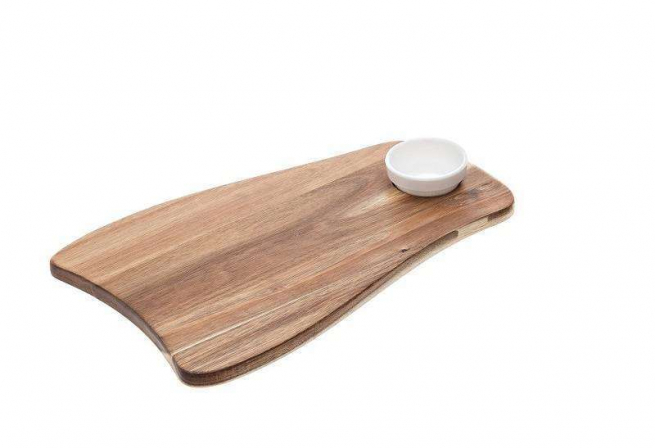 Tagliere in legno sagomato con ciotola porta salse in melamina bianca