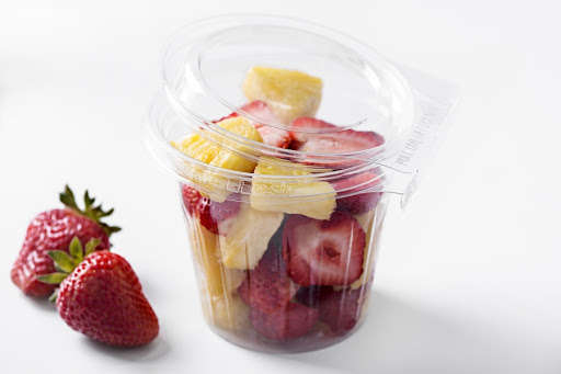 Contenitore barattolo trasparente in R-PET, base rotonda con coperchio "Safe-t-fresh"