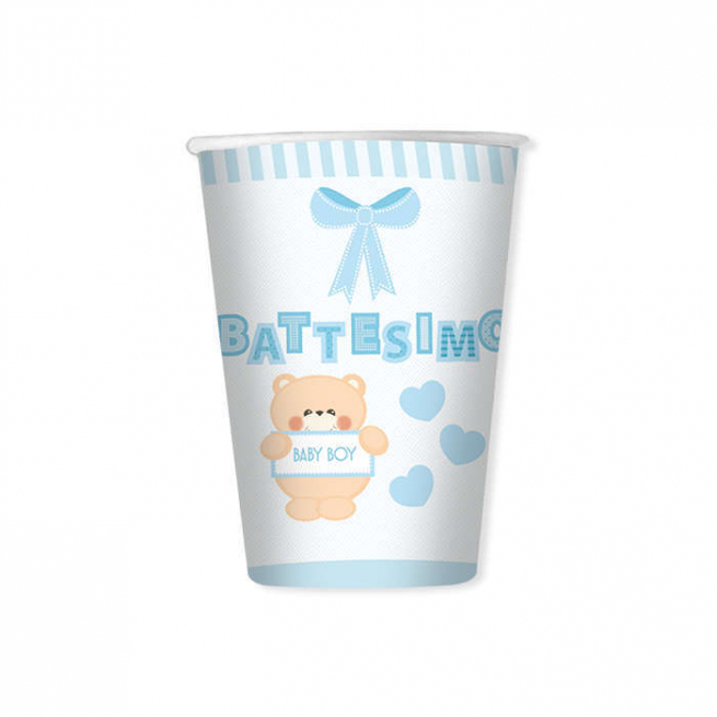 Bicchiere in cartoncino "Battesimo" orsetto azzurro confezione da 8 pezzi
