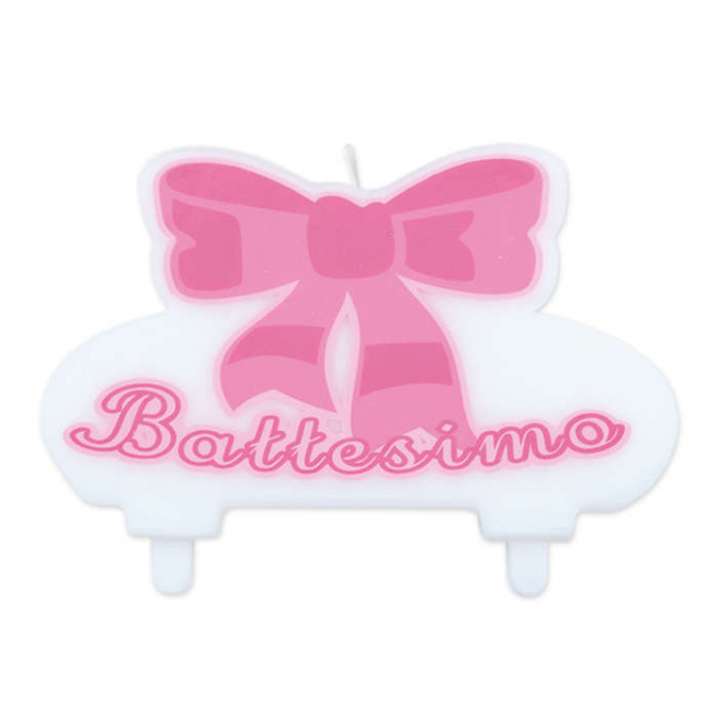 Candela sagomata con scritta "Battesimo" e fiocco, colore rosa, lunghezza 13 cm