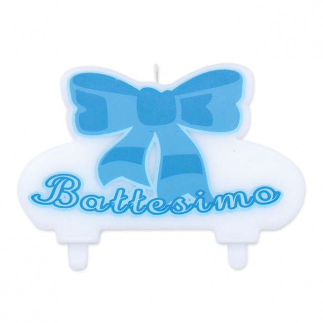Candela sagomata con scritta "Battesimo" e fiocco, colore azzuro, lunghezza 13 cm