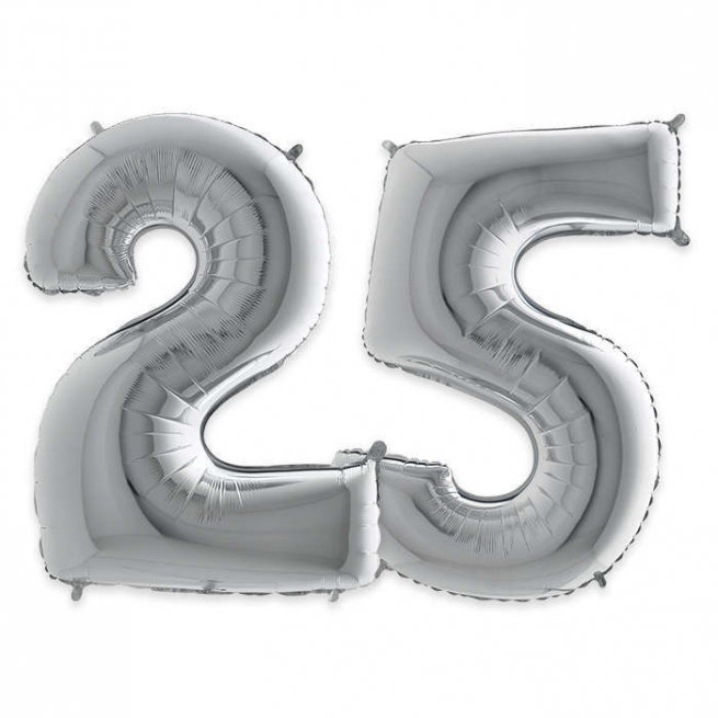 Palloncino sagomato numero "25" argento, altezza 102 cm