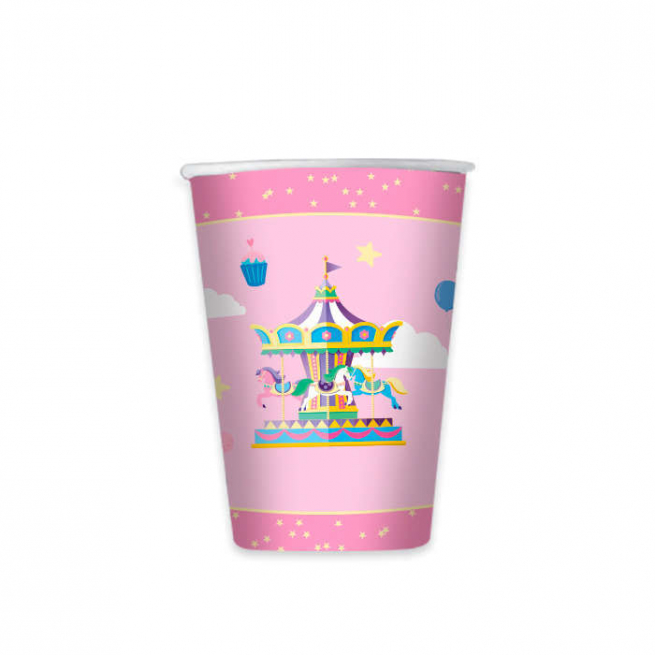 Bicchiere cartoncino fantasia "Carosello" rosa, confezione da 8 pezzi