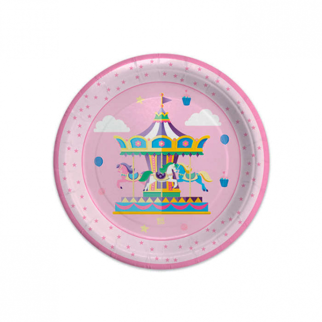 Piatto in cartoncino fantasia "Carosello" rosa, confezione da 8 pezzi