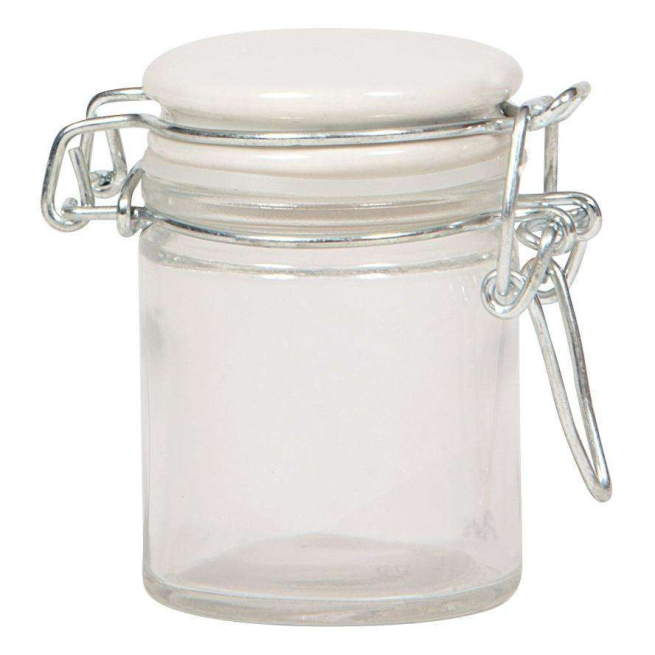 Vasetto in vetro da 50 ml, con base tonda e chiusura ermetica con tappo bianco in ceramica