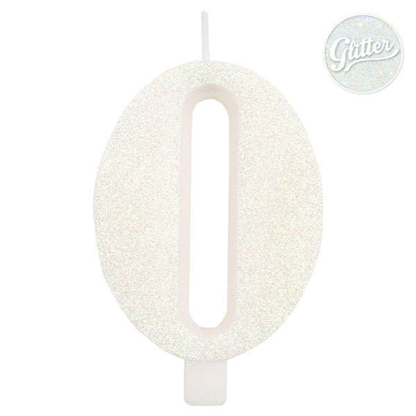 Candela numero bianco glitter con supporto, altezza 9.5cm