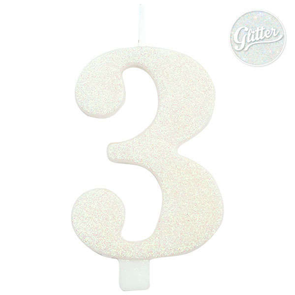Candela bio numero bianco glitter con supporto, altezza 9.5cm