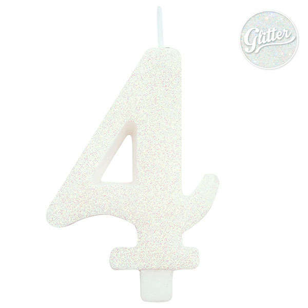 Candela numero bianco glitter con supporto, altezza 9.5cm