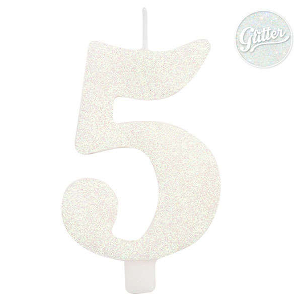 Candela numero bianco glitter con supporto, altezza 9.5cm