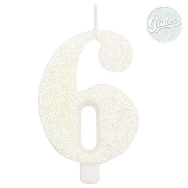 Candela numero bianco glitter con supporto, altezza 9.5cm