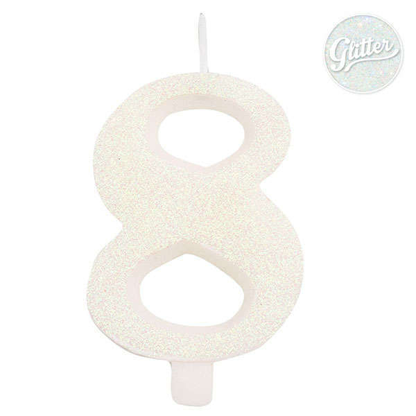 Candela bio numero bianco glitter con supporto, altezza 9.5cm