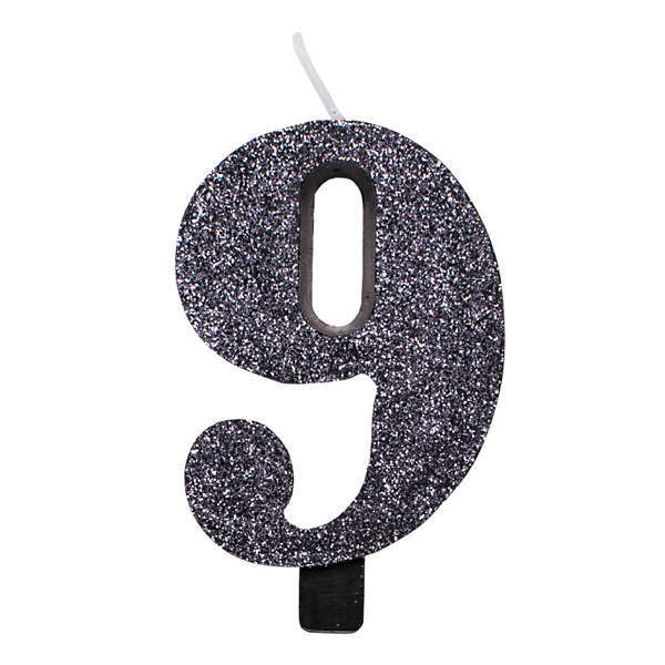 Candela bio numero nero glitter con supporto, altezza 9.5cm