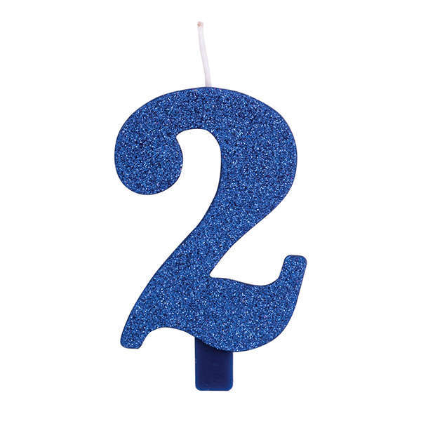 Candela numero blu glitter con supporto, altezza 9.5cm