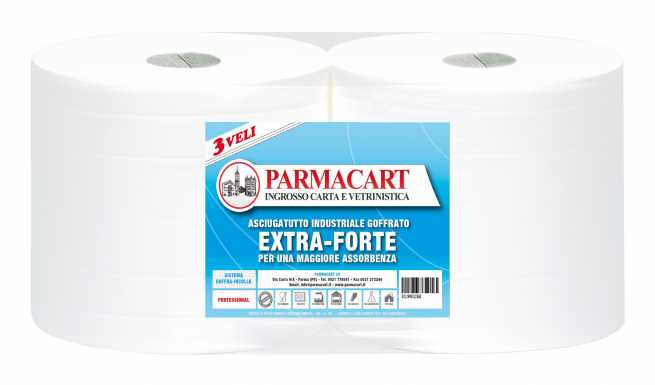 Rotolo asciugatuto 3 veli "Parmacart", 410 strappi in pura cellulosa goffrata, confezione da 2 pezzi