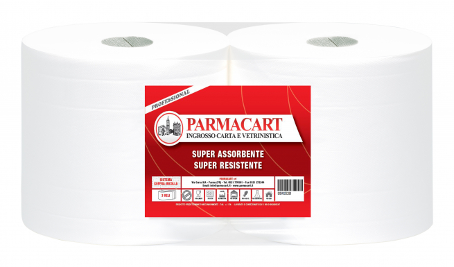 Rotolo asciugatutto 3 veli "Parmacart", 464 strappi in pura cellulosa goffrata, confezione da 2 pezzi