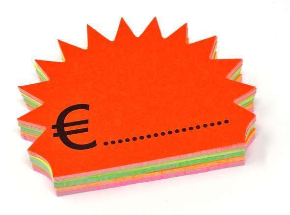 Segnaprezzo in cartoncino, forma flash con simbolo "Furo" 90x65 mm, colori assortiti fluo, confezione da 50 pezzi