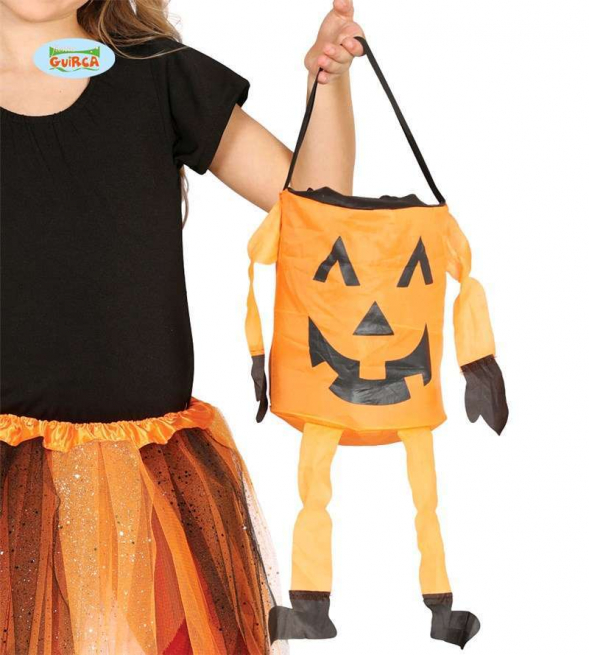 Cestino con manico arancio stampa zucca, altezza 20 cm