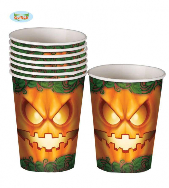 Bicchiere in cartoncino arancione stampa "Zucca", altezza 10 cm, confezione da 8 pezzi