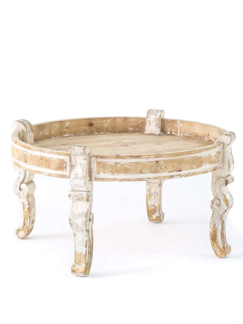 Tavolino in legno antichizzato, diametro 89 cm, altezza 51 cm