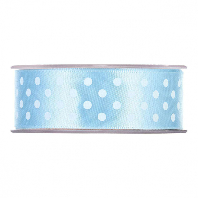Rotolo nastro raso azzurro con fantasia pois bianchi