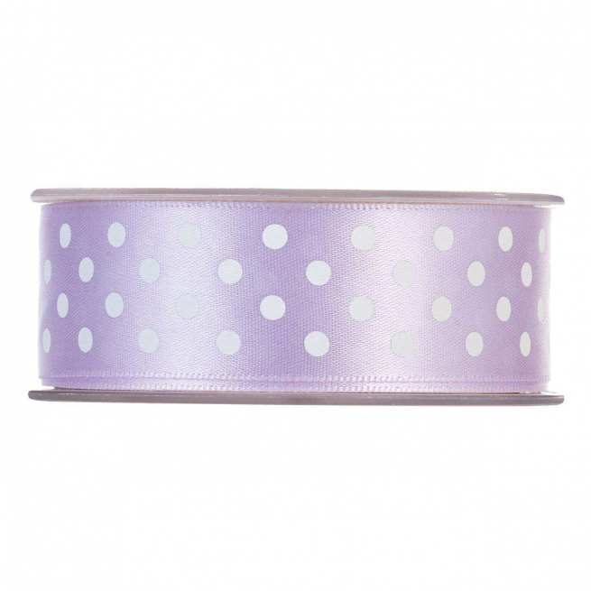 Rotolo nastro raso lavanda con fantasia pois bianchi