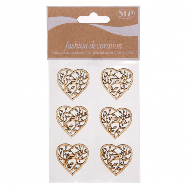 Cuore legno con uccellino naturale 3cm, confezione da 6 pezzi