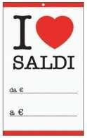 Cartellino bianco con scritta "i love saldi",  6x10cm, confezione da 50 pezzi