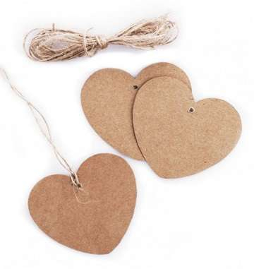Etichetta tag in kraft avana scrivibile a forma cuore con foro e filo di juta,7 x 5cm, confezione da 20 pezzi
