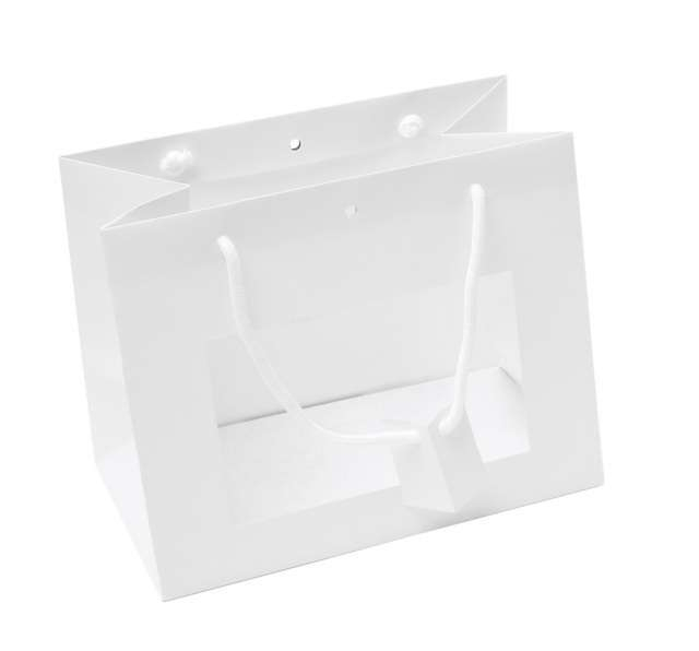 Shopper bianco in carta plastificata opaca, con finestra, maniglia in cotone e tag