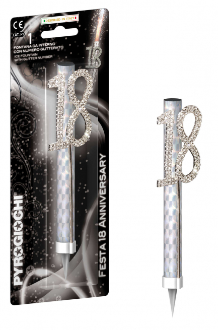 Fontana da interno con candela pirotecnica e numero "18" in strass, colore argento
