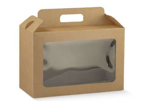 Scatola in carta kraft avana con finestra trasparente in PVC e maniglia, cartone da 30 pezzi, vari formati