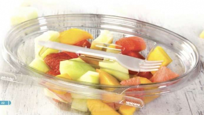 Contenitore ovale trasparente in R-PET, con forchetta legno sul coperchio "Safe-t-fresh"