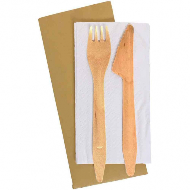Bis posate biodegrabili in legno monoimbustate con forchetta, coltello e tovagliolo 2 veli 33x33 in busta carta avana bio in confezioni da 50 pezzi