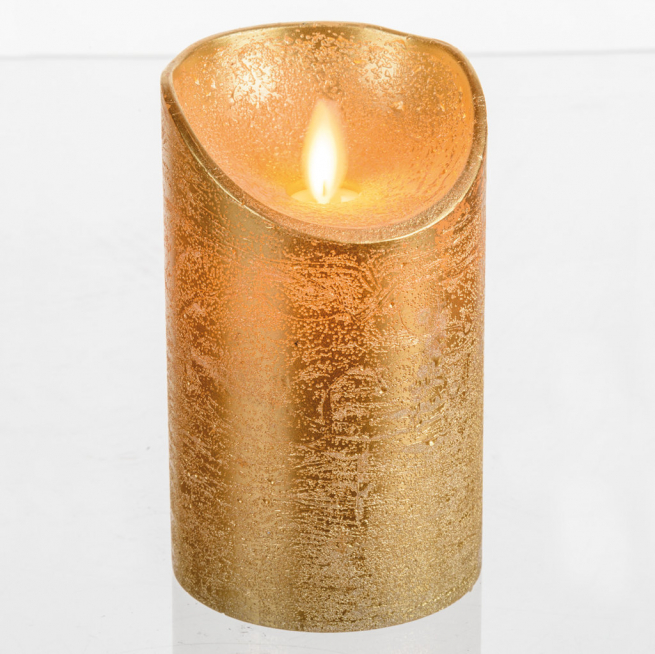 Candela "Rustic" in cera Oro con fiamma in movimento e led luce calda, a batteria, diametro 7.5 cm, uso interno