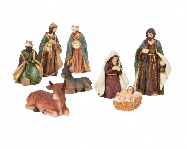 Natività in poliresina dipinta, altezza 20 cm, set da 8 pezzi