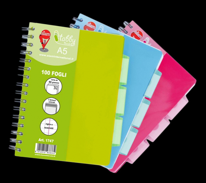 Quaderno spirale "Tabby book" formato A5, con 3 tabs divisorie, contiene 100 fogli con perforazione
